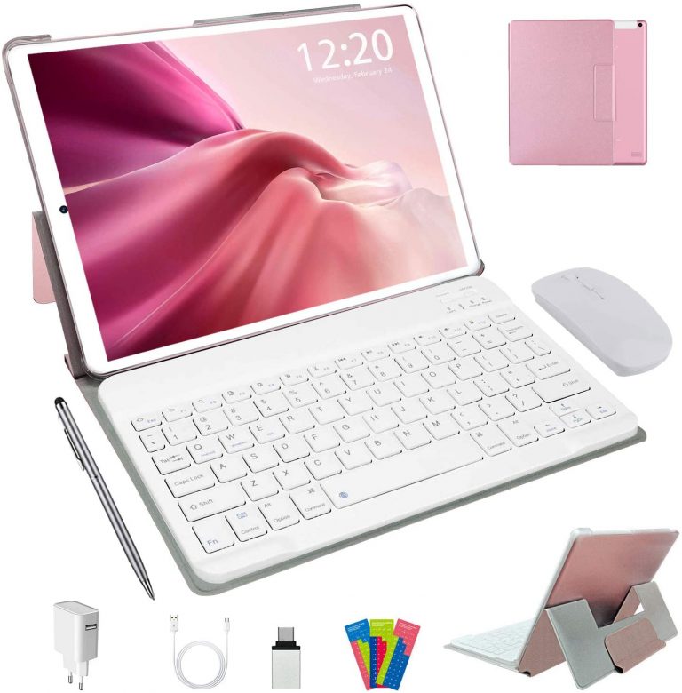 Tablette Tactile 10 Pouces 4G LTE, Android 10.0 64Go, 4Go de RAM Tablette PC 1,6 GHz | Double Caméra 5+8MP | WiFi | Bluetooth | GPS | Type-c | MicroSD 4-128 Go, avec Clavier et Souris (Rose)
